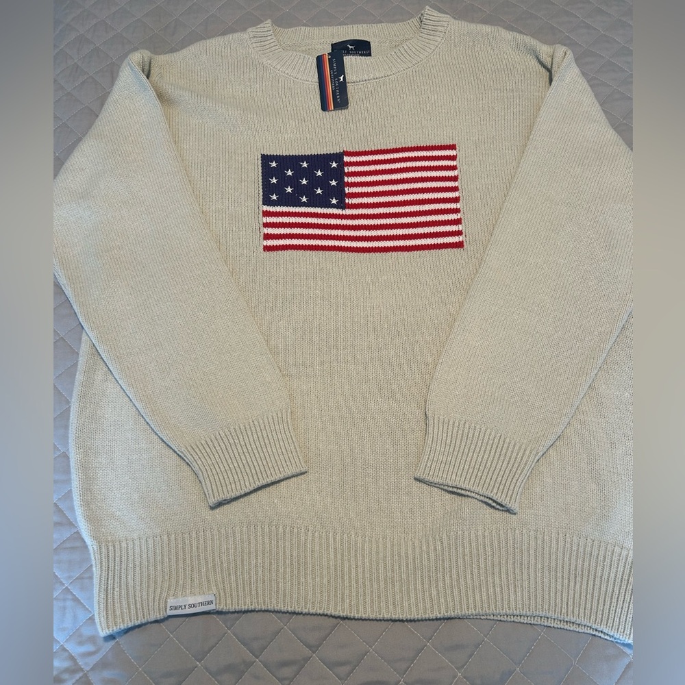 Simply Southern Men's Cream Sweater with Red, White & Blue Flag